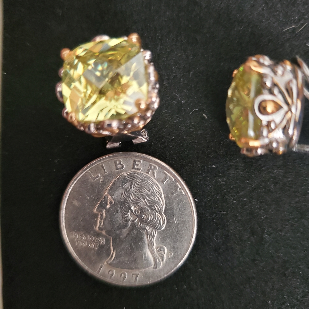 Vintage Checker Cut Silver and Gold Earrings with Yellow &green Gem Earrings